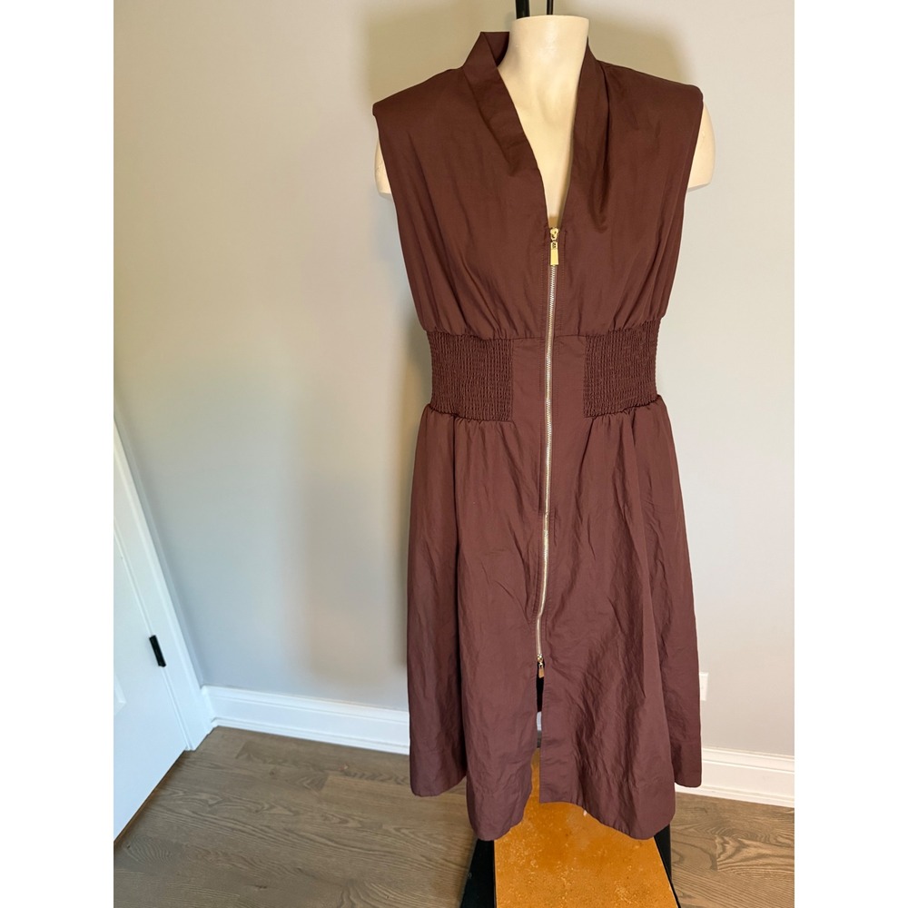 Vince Camuto Brown Cotton Zip Front Smocked Waist Midi Dress Size 12